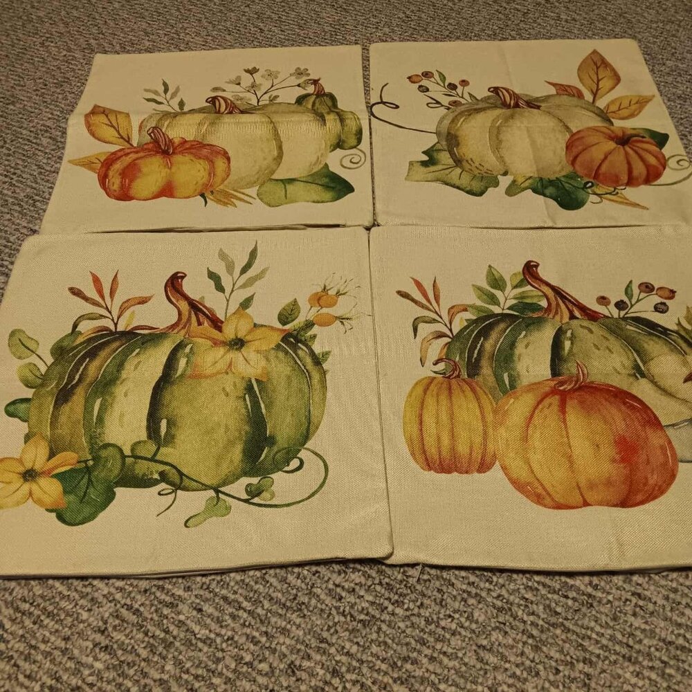 set of 4 Fall pillow covers Pumpkins 16" X16" orange green and gold doble sided